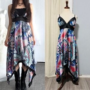 Spicy Girl V-Neck Handkerchief-hem Spaghetti Straps Peacock Print Satin Dress L